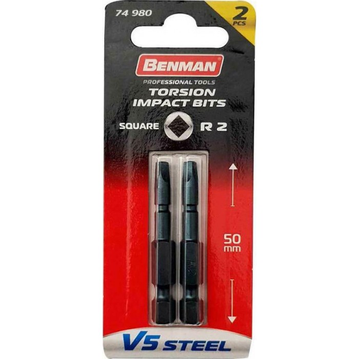 Benman - Σετ 2 Μύτες Κατσαβιδιού Robertson V5 Steel R2x50mm - 74980 Benman - Σετ 2 Μύτες Κατσαβιδιού Robertson V5 Steel R2x50mm - 74980