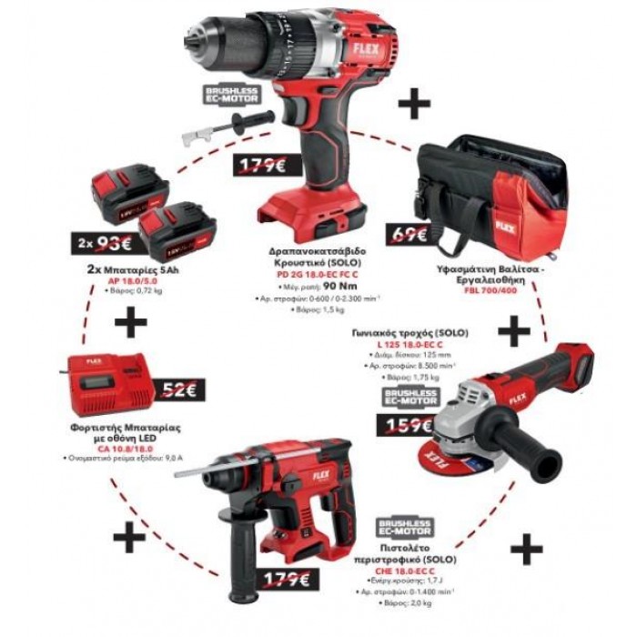 FLEX - SUPER PACK ΣΕΤ ΕΡΓΑΛΕΙΩΝ ΜΕ ΔΡΑΠΑΝΟΚΑΤΣΑΒΙΔΟ ΚΡΟΥΣΗΣ PD2G + ΠΙΣΤΟΛΕΤΟ ΠΕΡΙΣΤΡΟΦΙΚΟ CHE +ΓΩΝΙΑΚΟΣ ΤΡΟΧΟΣ L125 + 2 ΜΠΑΤΑΡΙΕ FLEX - SUPER PACK ΣΕΤ ΕΡΓΑΛΕΙΩΝ ΜΕ ΔΡΑΠΑΝΟΚΑΤΣΑΒΙΔΟ ΚΡΟΥΣΗΣ PD2G + ΠΙΣΤΟΛΕΤΟ ΠΕΡΙΣΤΡΟΦΙΚΟ CHE +ΓΩΝΙΑΚΟΣ ΤΡΟΧΟΣ L125 + 2 ΜΠΑΤΑΡΙΕ