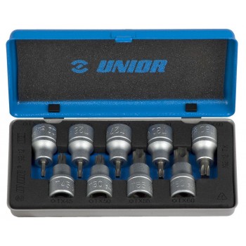 Unior - 192/12 Συλλογή από 9 μακριά καρυδάκια 1/2inch για βίδες TORX (TX) σε μεταλλική θήκη - 603657
