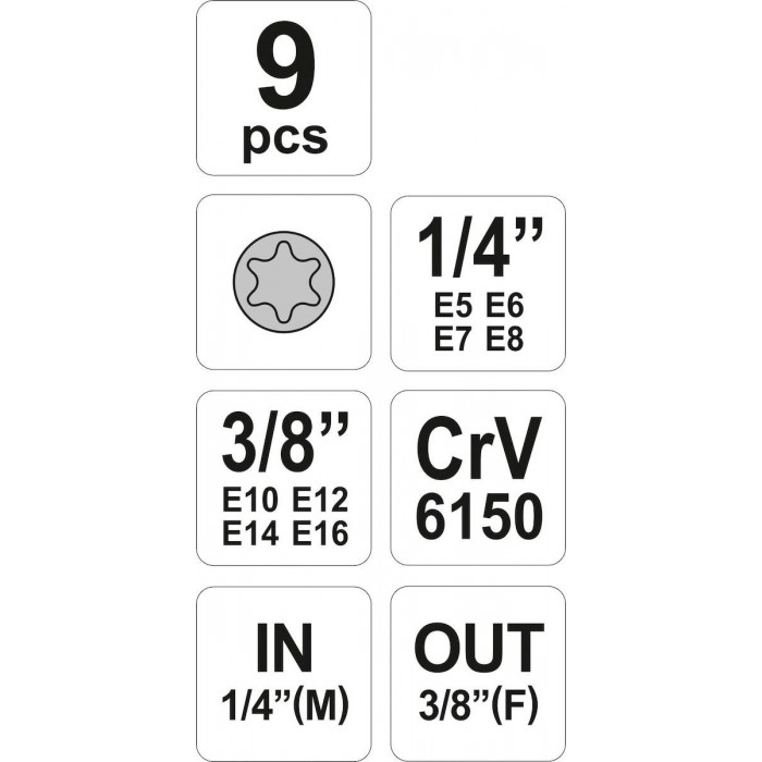 ΥΑΤΟ - ΣΕΤ Καρυδάκια Torx με Καρέ Υποδοχής 1/4inch 9ΤΜΧ - ΥΤ-0520