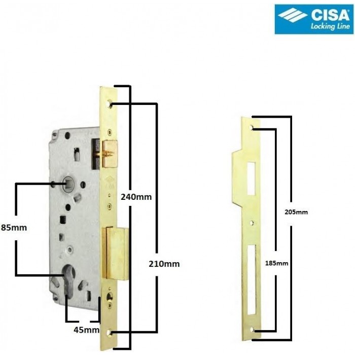 Cisa - 25371 Recessed Lock Locking Line without Cylinder Gold 45mm - 5C611-45