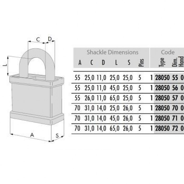 CISA - Λουκέτο ατσάλινο ανοικτού λαιμού 56mm - 28050-56 CISA - Λουκέτο ατσάλινο ανοικτού λαιμού 56mm - 28050-56