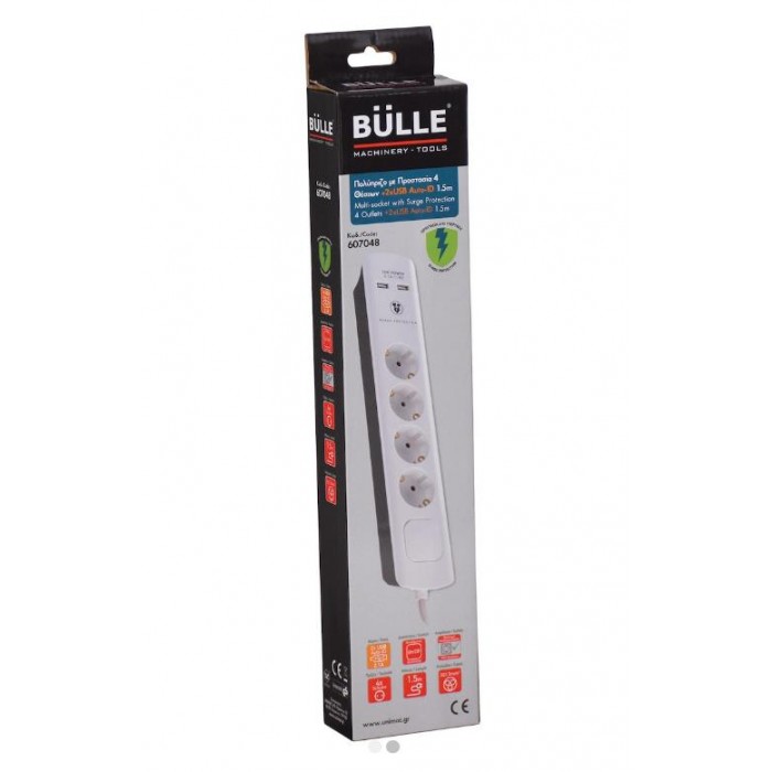 Bulle - 4-Position Safety Socket with Switch, 2 USB and 1,5m White Cable - 607048