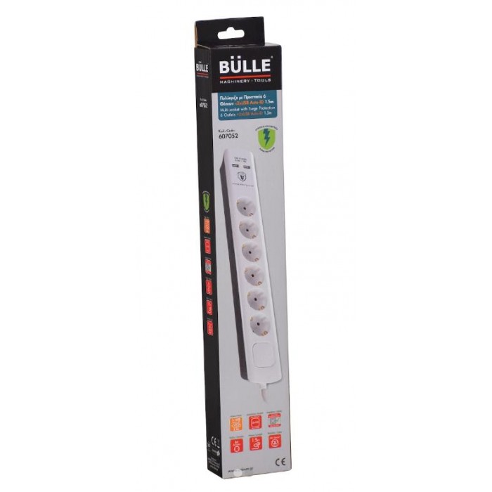 Bulle - 6-Position Safety Socket with Switch, 2 USB and 3m White Cable - 607053
