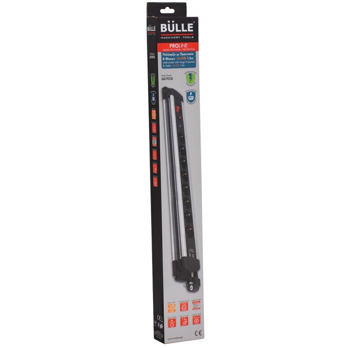 Bulle - Πολύπριζο Ασφαλείας 8 Θέσεων με Διακόπτη , 2 USB και Καλώδιο 3m Ασημί - 607059