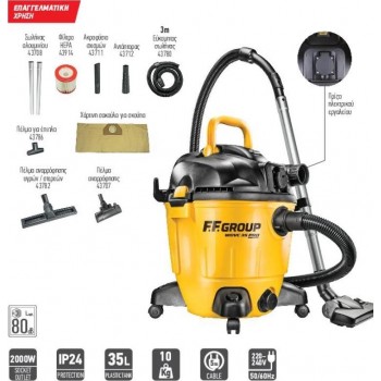 FF GROUP - WET AND SOLID VACUUM CLEANER WDVC 35 PRO 1200W WITH 35LT BUCKET AND ACCESSORIES - 43502