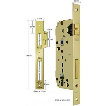 Hugo Locks - Mortise Cylinder Lock Rectangular Plate with Ear K45-85 Gold - 60095