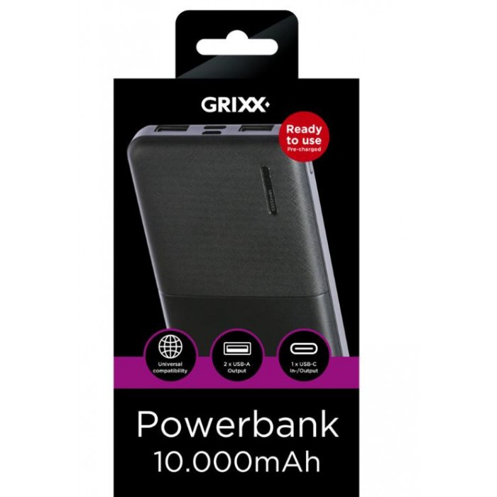 POWERBANK GRIXX (GREXTBP10B02) - 10000MAH - 1X MICRO USB, 2X USB A PORTS - ΜΑΥΡΟ GREXTBP10B02