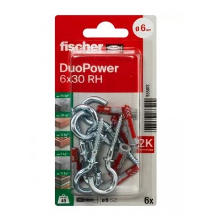 FISCHER - DUOPOWER 6X30 PLUG WITH HOOK 6PCS - 535013 FISCHER - DUOPOWER 6X30 PLUG WITH HOOK 6PCS - 535013