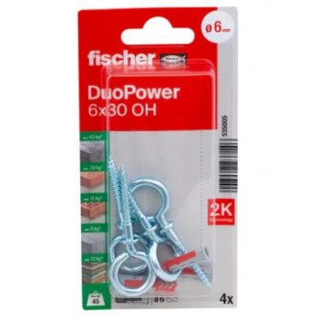 FISCHER - DUOPOWER 6X30 OH NYLON PLUG WITH HOOK IN BLISTER - 4PCS - 535005 FISCHER - DUOPOWER 6X30 OH NYLON PLUG WITH HOOK IN BLISTER - 4PCS - 535005