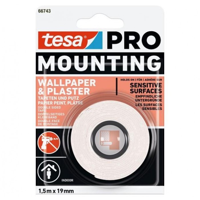 TESA - DOUBLE SIDED TAPE FOR PLASTER & WALLPAPER 1.5mX19mm - 66743 TESA - DOUBLE SIDED TAPE FOR PLASTER & WALLPAPER 1.5mX19mm - 66743