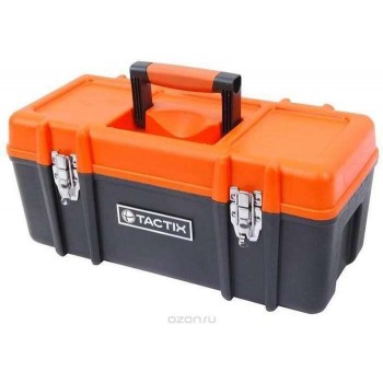 TACTIX Plastic Toolbox with a detachable shelf and metal clips-321105